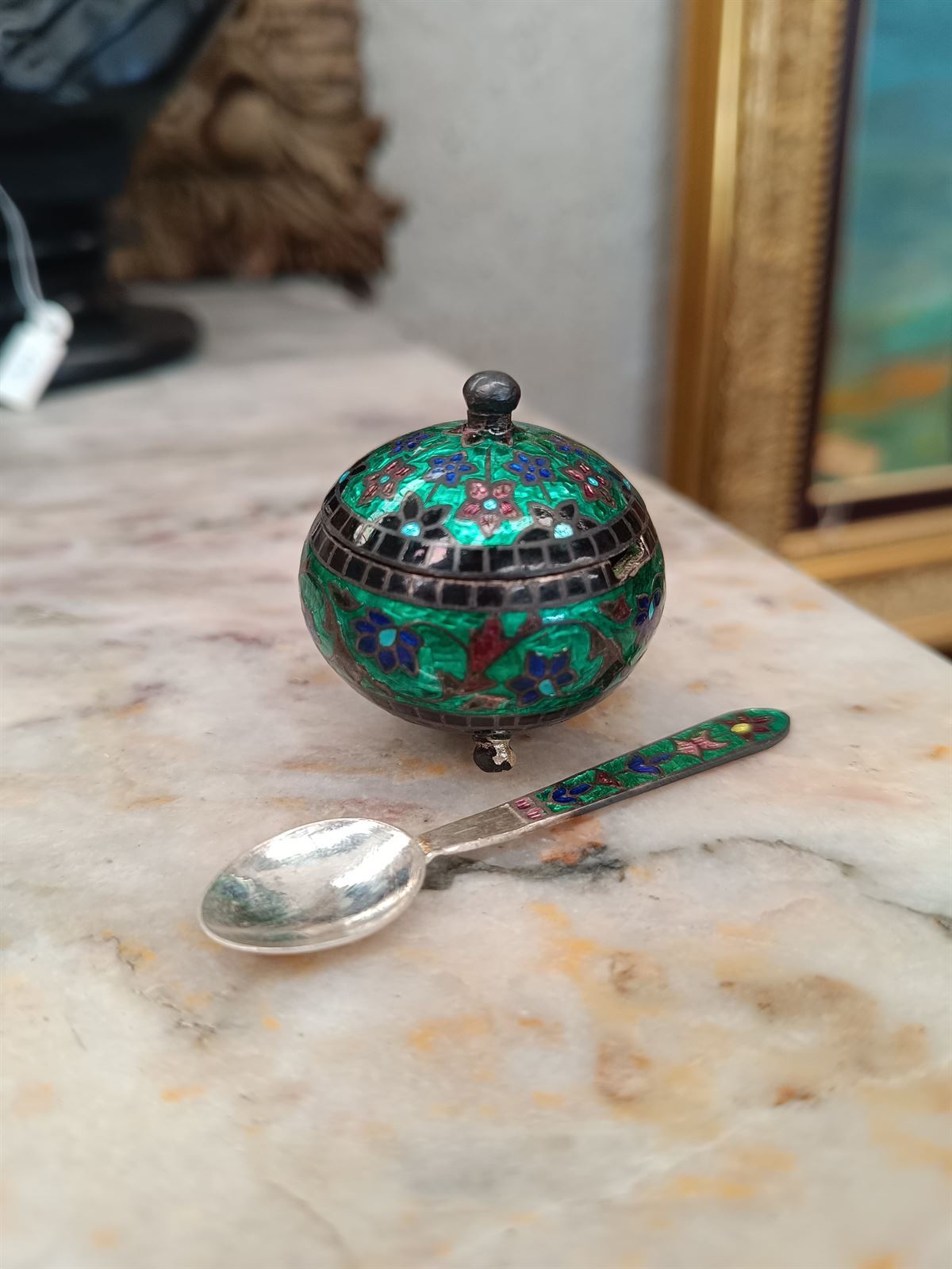 Caja salero indio de plata y cloisonne - Imagen 1