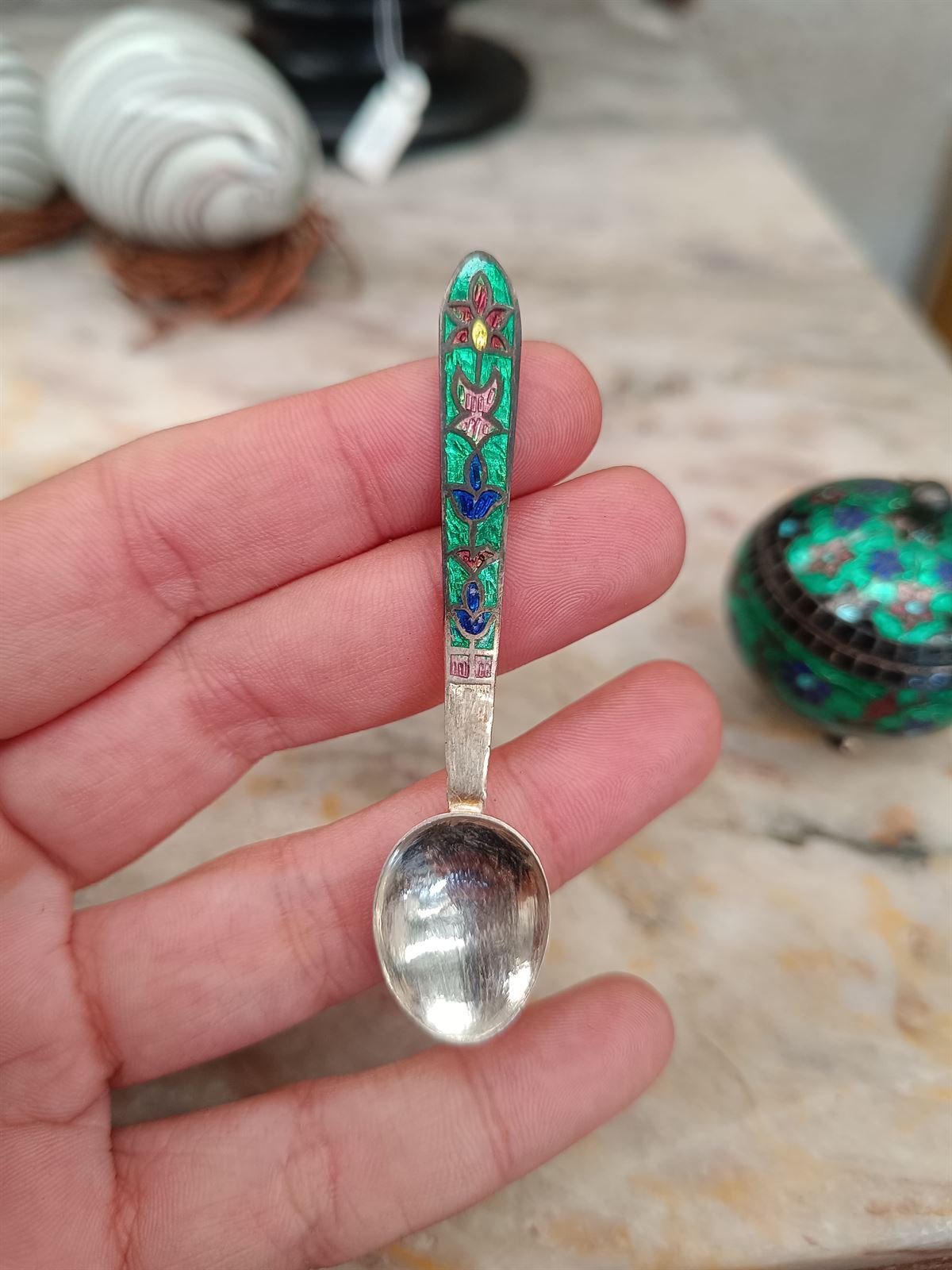 Caja salero indio de plata y cloisonne - Imagen 3