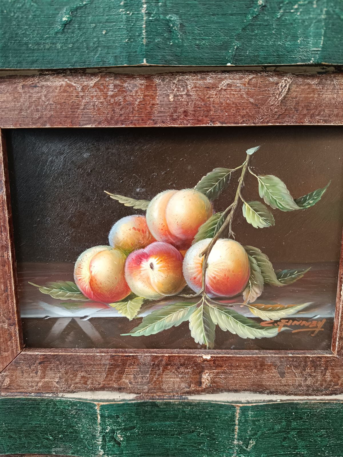 Pareja de óleos sobre tabla marco verde - Imagen 2