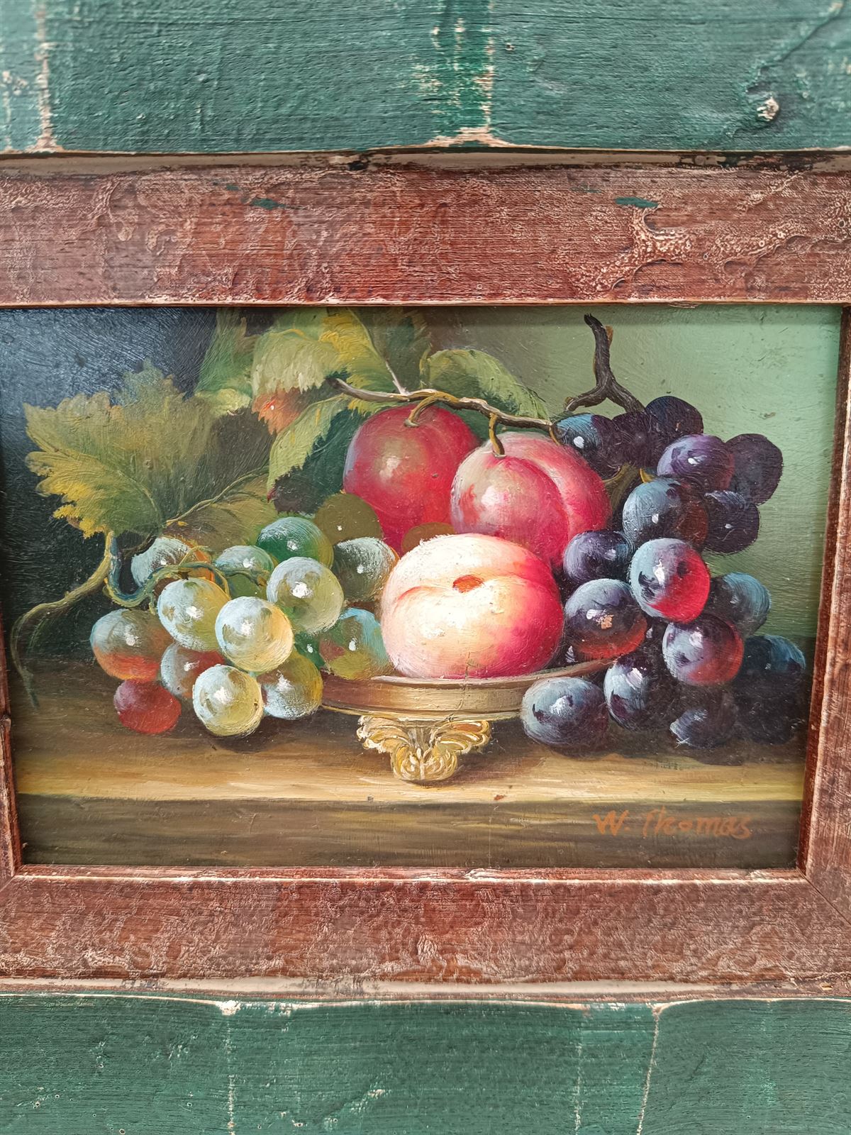 Pareja de óleos sobre tabla marco verde - Imagen 3