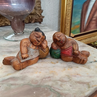 Pareja niños buda madera tallada - Imagen 1