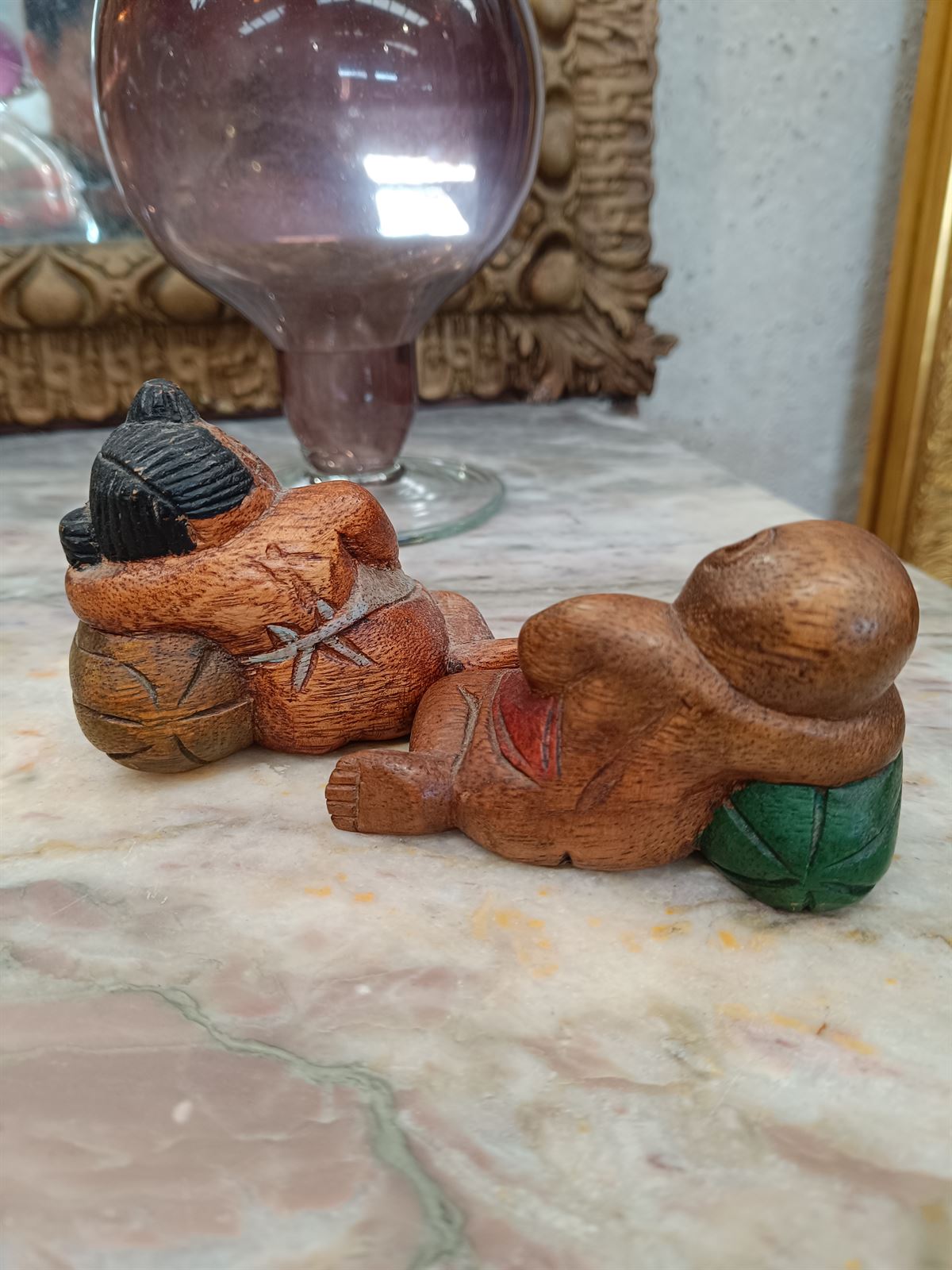 Pareja niños buda madera tallada - Imagen 4