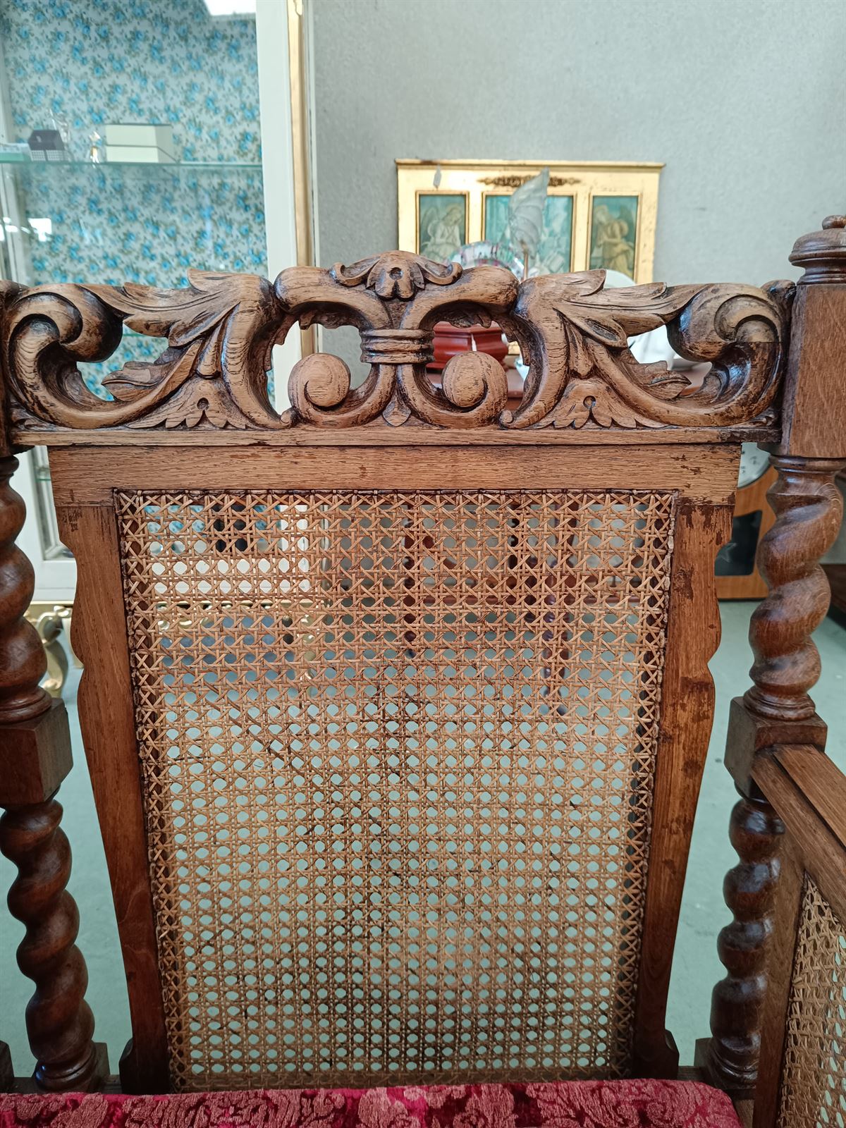 Sofá banco de roble con tapizado damasco - Imagen 7